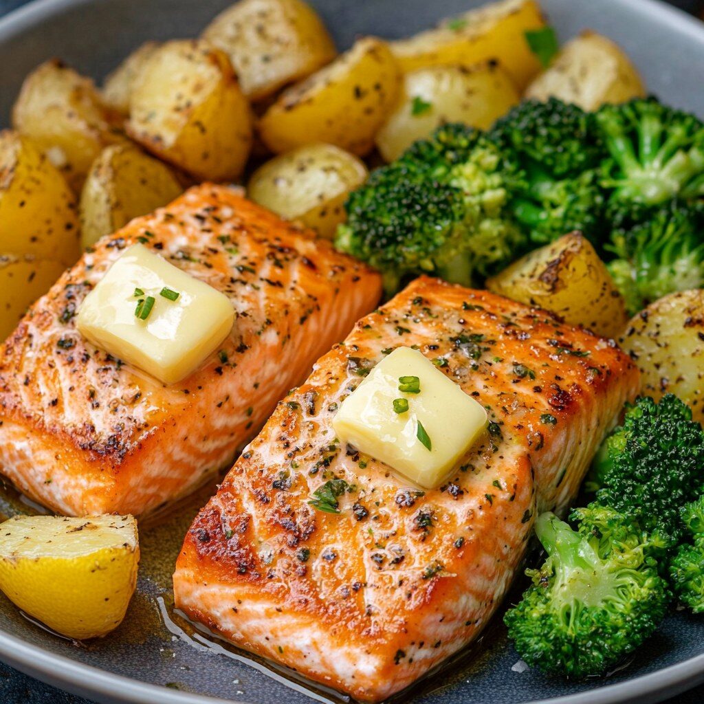 Easy Lemon Butter Salmon with Crispy Potatoes & Roasted Broccoli